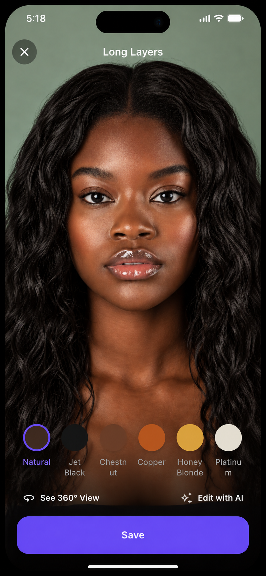 Stylr app showing a Long Layers hairstyle with instant hair color options