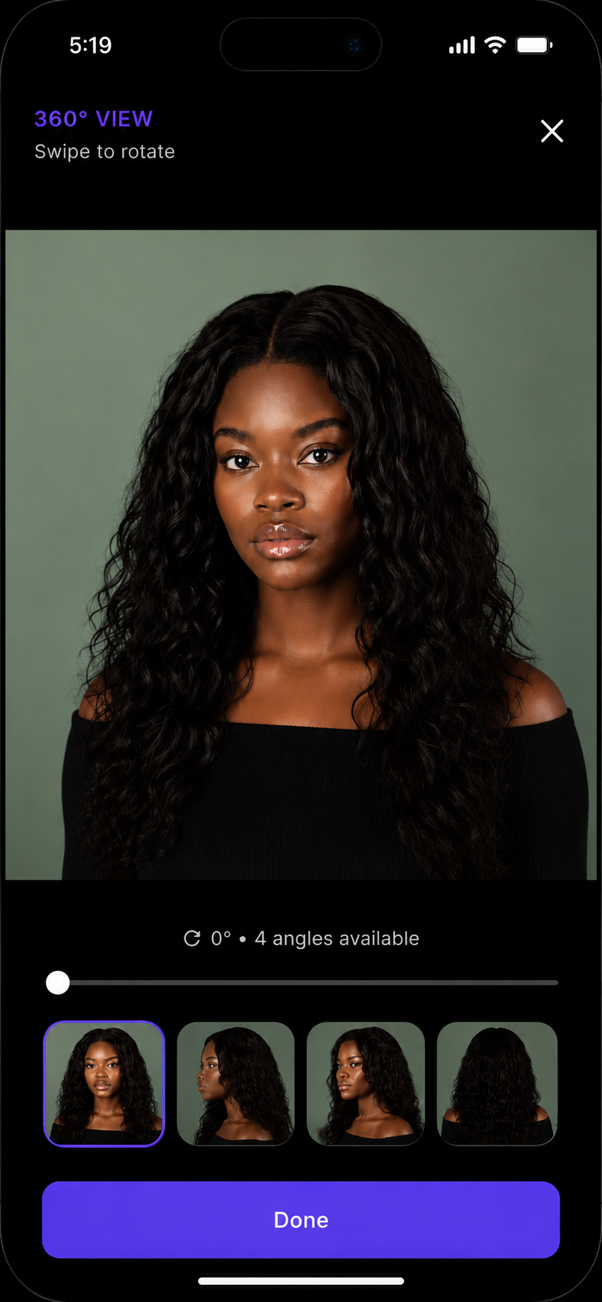 Stylr 360° view screen showing four angles of the same hairstyle