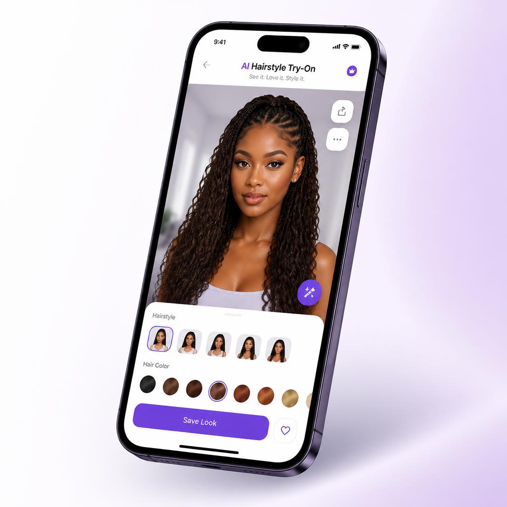 Stylr app previewing long braided curls on a Black woman's face