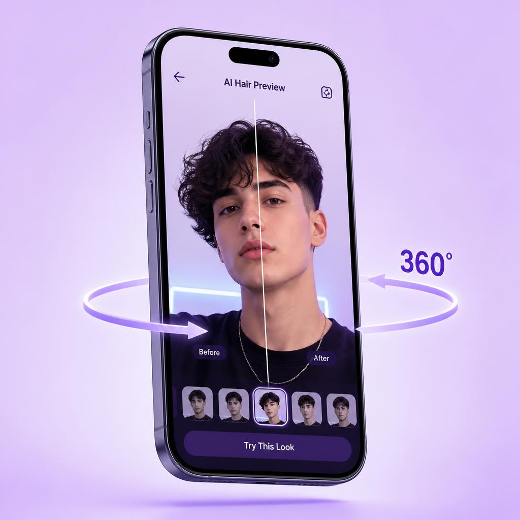 Stylr app preview showing an hairstyle try-on with 360 degree rotation