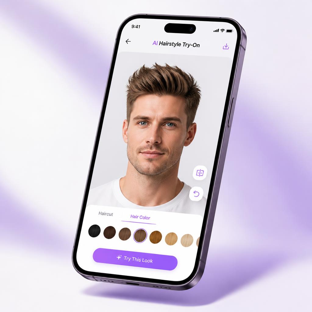 Stylr app previewing a textured quiff haircut on a white man's face