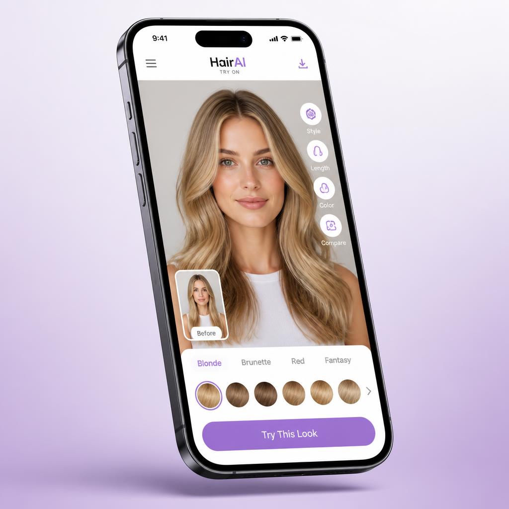 Stylr app previewing long blonde layered waves on a white woman's face